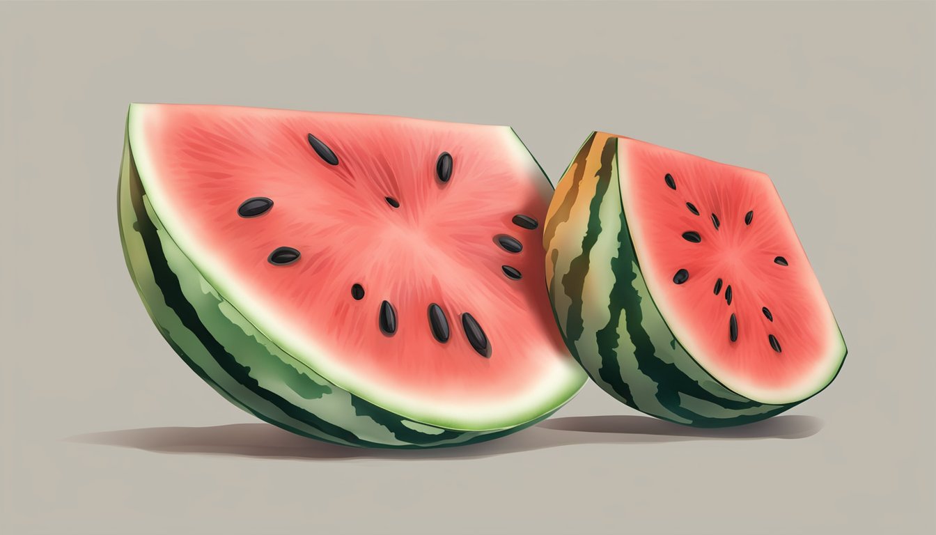 A watermelon cut in half, one side showing vibrant red flesh and the other side with mushy, discolored fruit, surrounded by the sweet scent of decay