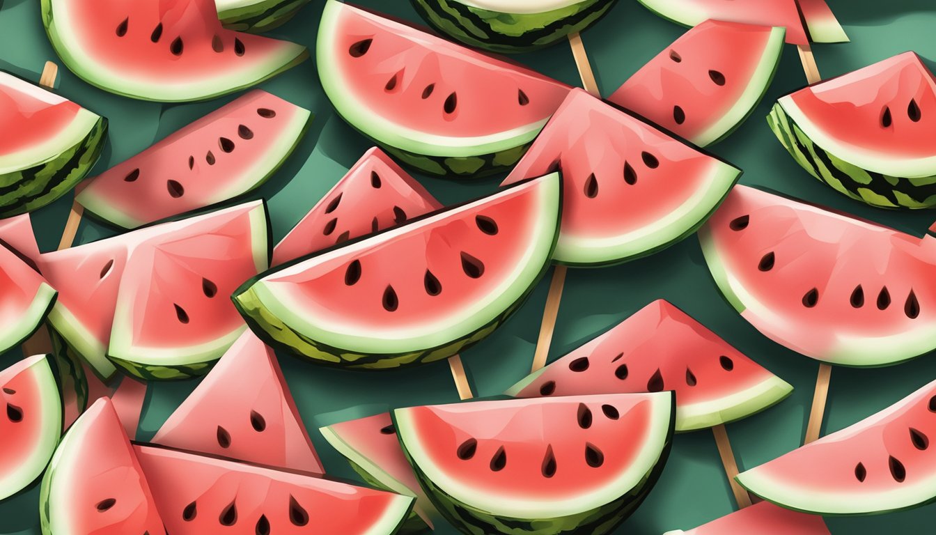 Watermelon slices skewered on sticks, dipped in sticky syrup, drying on parchment paper