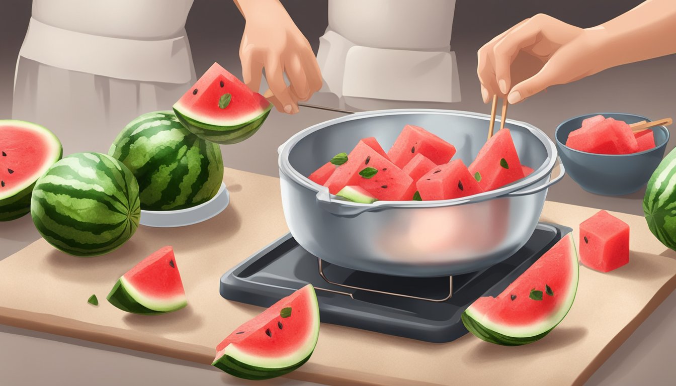 A hand dipping watermelon chunks on skewers into boiling sugar syrup, then letting them cool on a parchment-lined tray