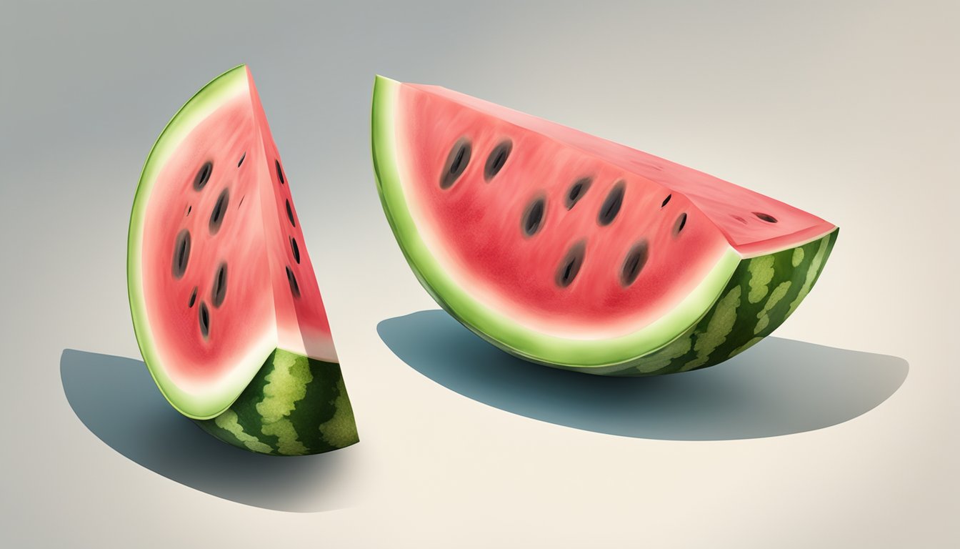 A watermelon cut in half, one side fresh and vibrant, the other side moldy and discolored