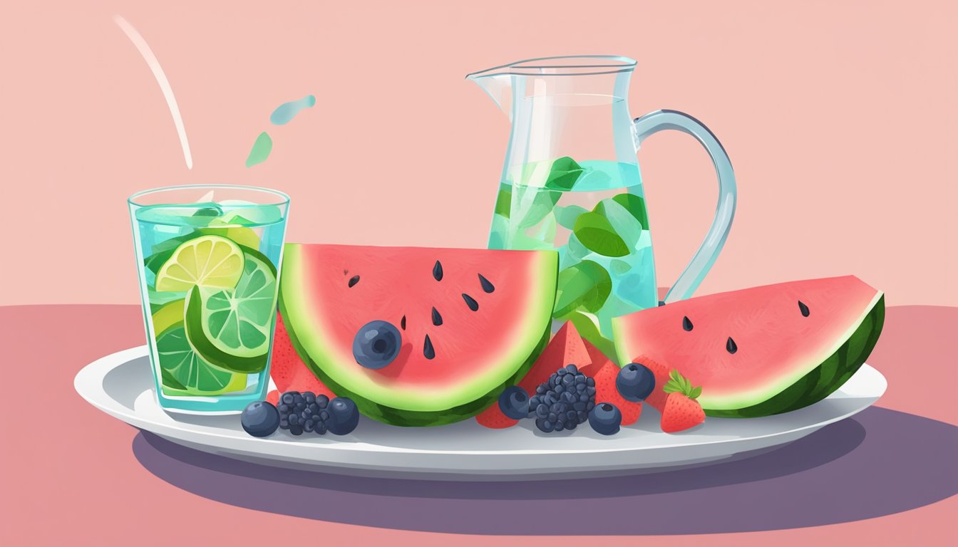 A vibrant watermelon slice being placed on a plate next to a bowl of mixed fruit, with a pitcher of watermelon-infused water in the background