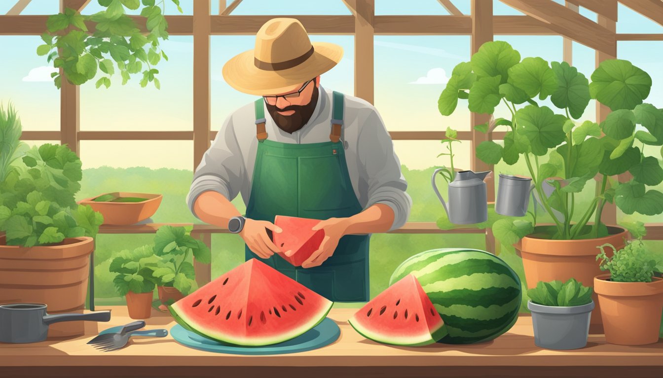 A farmer carefully shapes a watermelon as it grows inside a square glass container, surrounded by gardening tools and watering cans