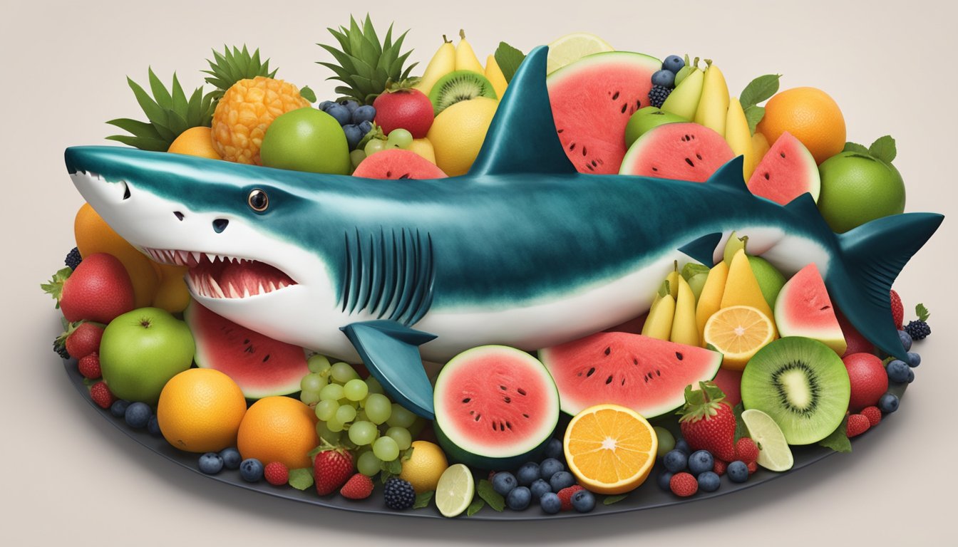 A watermelon carved to resemble a shark, surrounded by assorted fruits on a platter