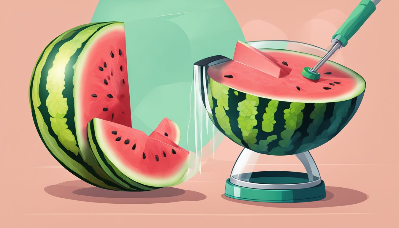 A watermelon being cut open and the juicy flesh being scooped out into a blender