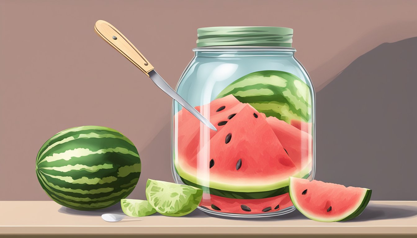 A watermelon being sliced and placed in a jar with pickling liquid