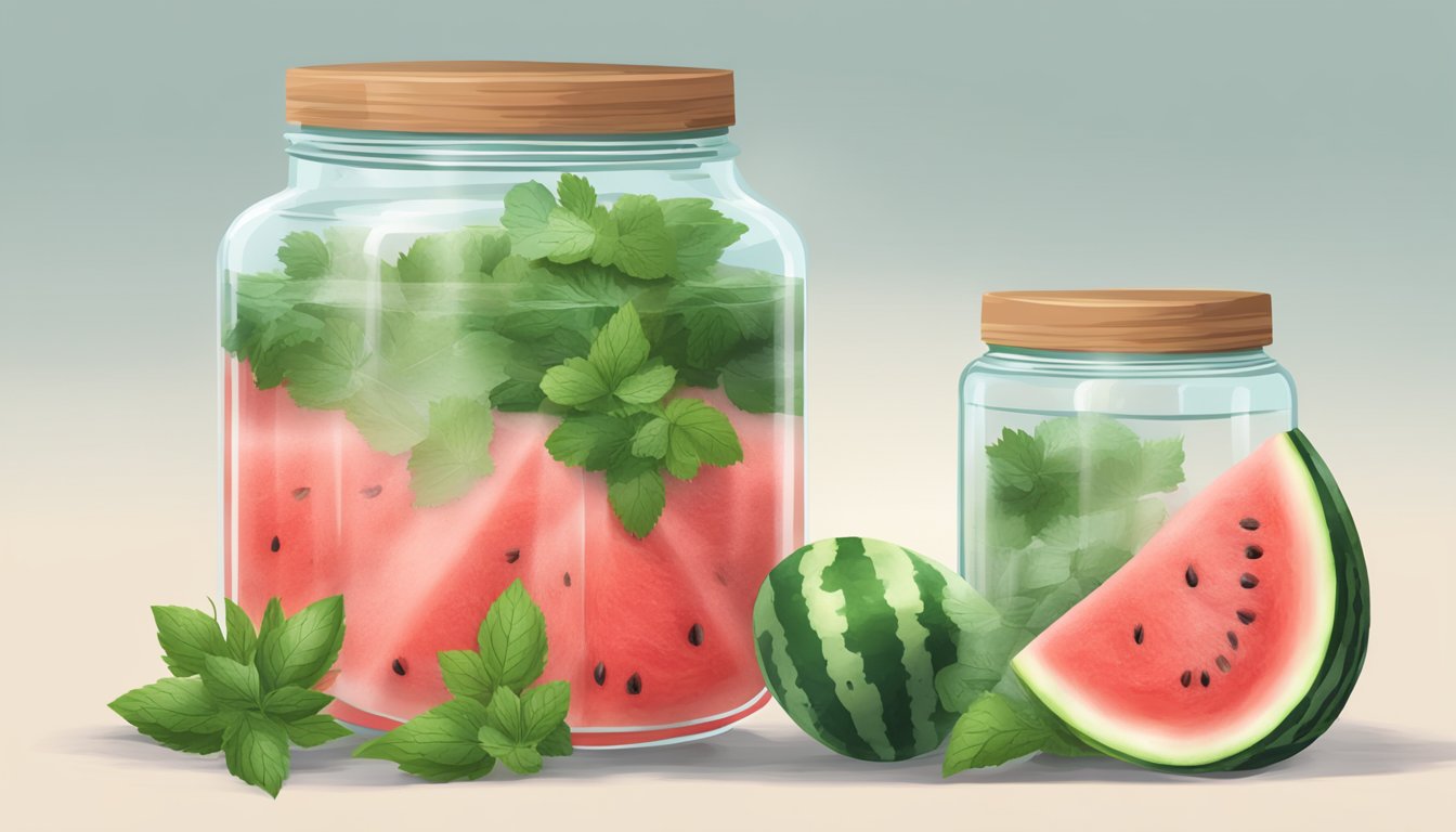 A clear glass jar filled with sliced watermelon submerged in a mixture of water, vinegar, sugar, and salt, with sprigs of fresh herbs floating on top