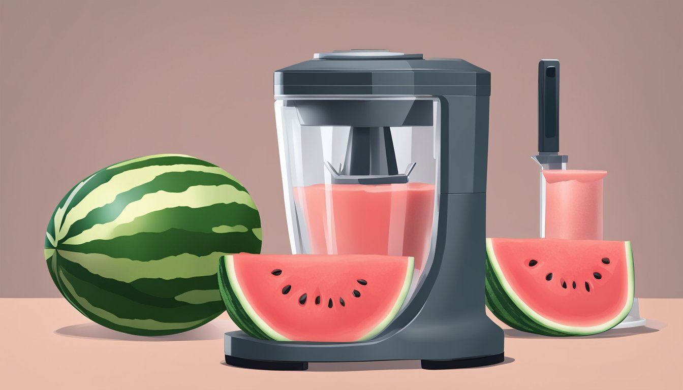 A ripe watermelon being cut open with a knife, then the flesh being scooped out and placed into a blender. The blender is then turned on, blending the watermelon into juice