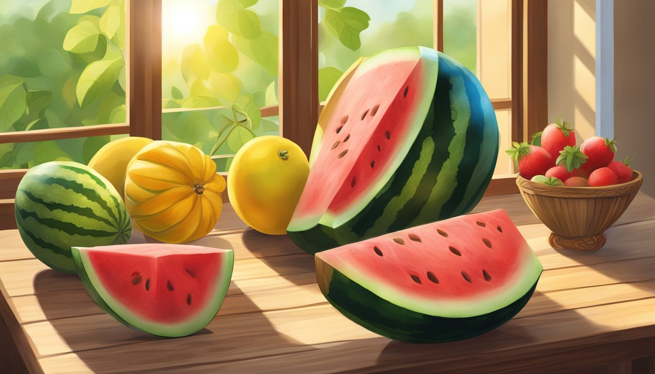 A watermelon sitting on a wooden table, surrounded by a few other fruits. The sun is shining through a nearby window, casting a warm glow on the watermelon's green and yellow skin