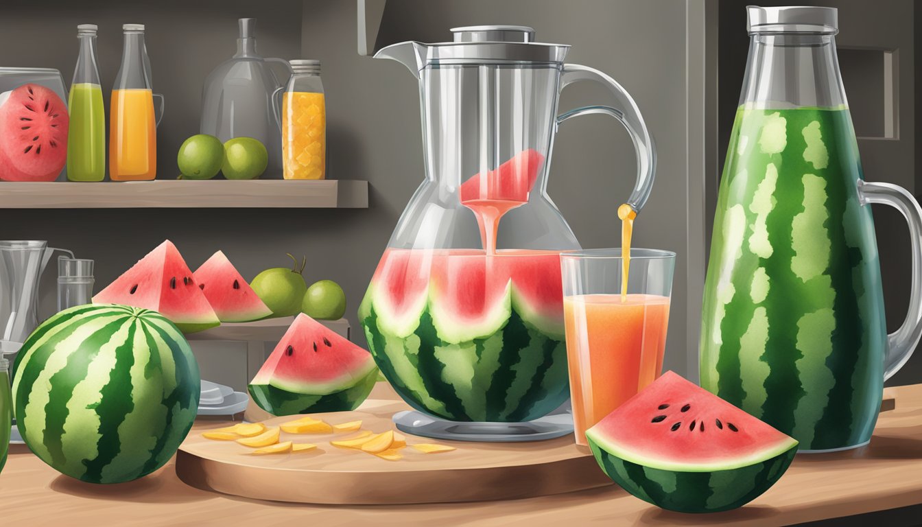 A watermelon being cut and blended into a large pitcher, with the juice being poured into glass bottles for storage