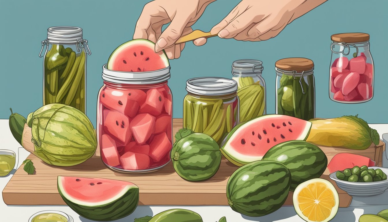 A hand reaching for a jar of pickled watermelon on a kitchen counter, surrounded by ingredients and utensils for pickling