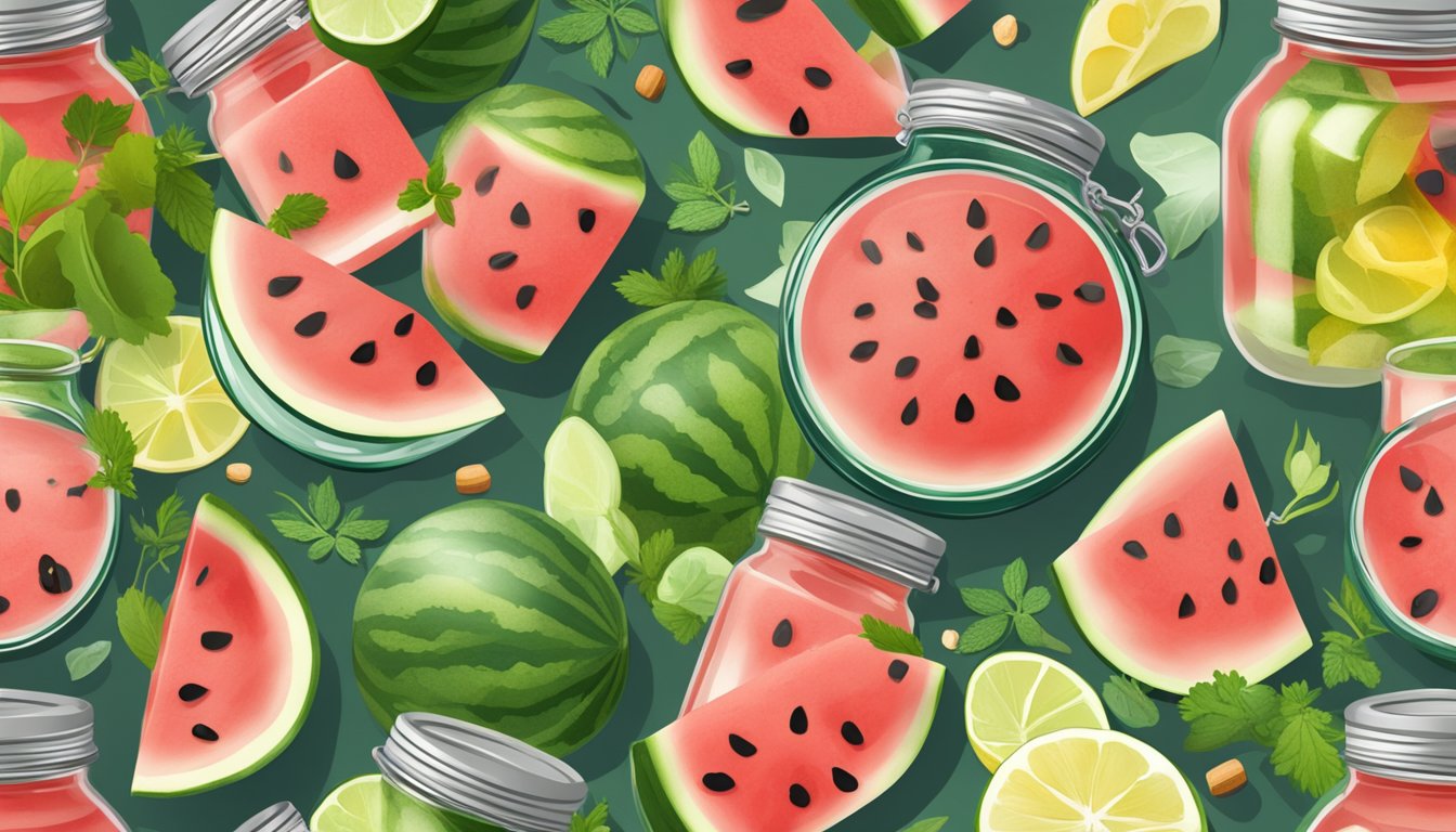 Watermelon slices submerged in jars of pickling liquid surrounded by various herbs and spices