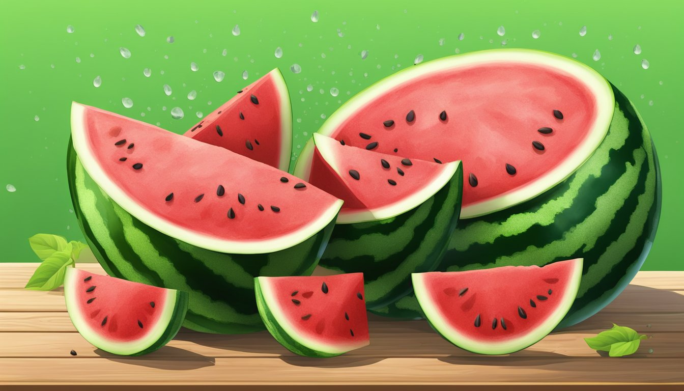 A ripe watermelon sits on a wooden table, surrounded by scattered seeds and a few droplets of water. Its vibrant green skin and juicy red flesh indicate freshness