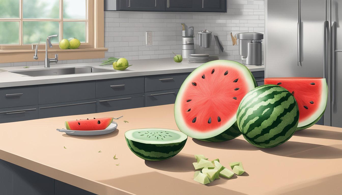 A sliced watermelon sits on a kitchen counter, with a few pieces showing signs of spoilage. A fruit fly hovers nearby