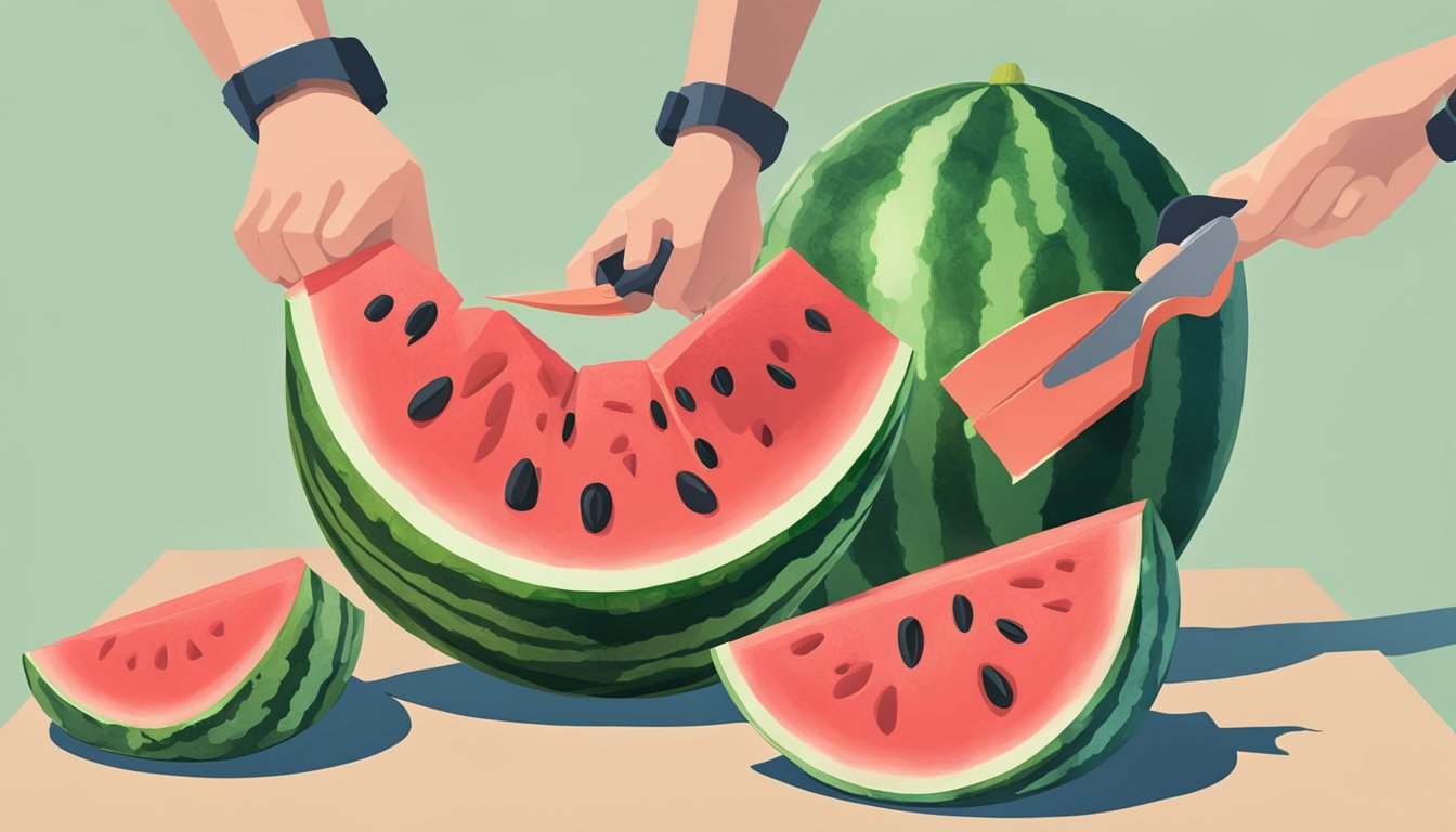 A watermelon being sliced and then pressed between two heavy objects to compress it