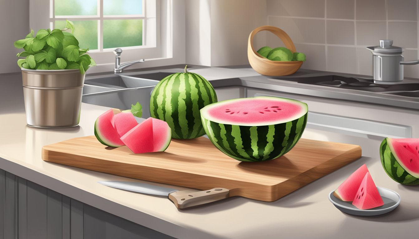 A cutting board with sliced watermelon radishes, a knife, and a storage container on a kitchen counter