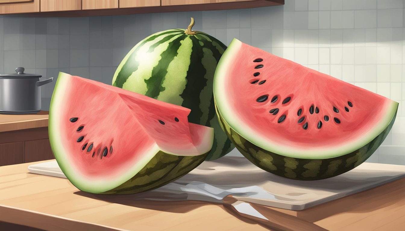 A sliced watermelon left out on a kitchen counter, starting to show signs of spoiling with mushy flesh and a sour smell