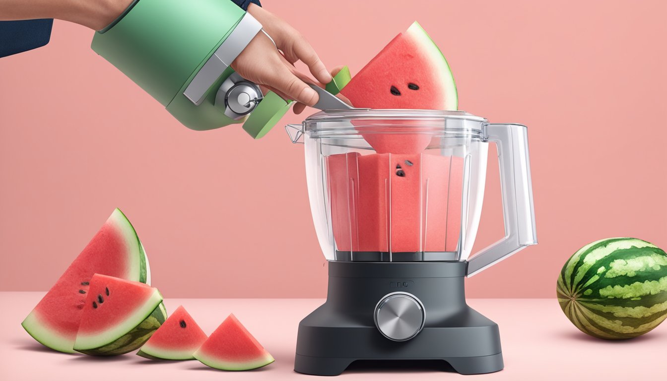 A watermelon being cut into cubes and placed in a blender, with a hand holding the lid down as the blender is turned on