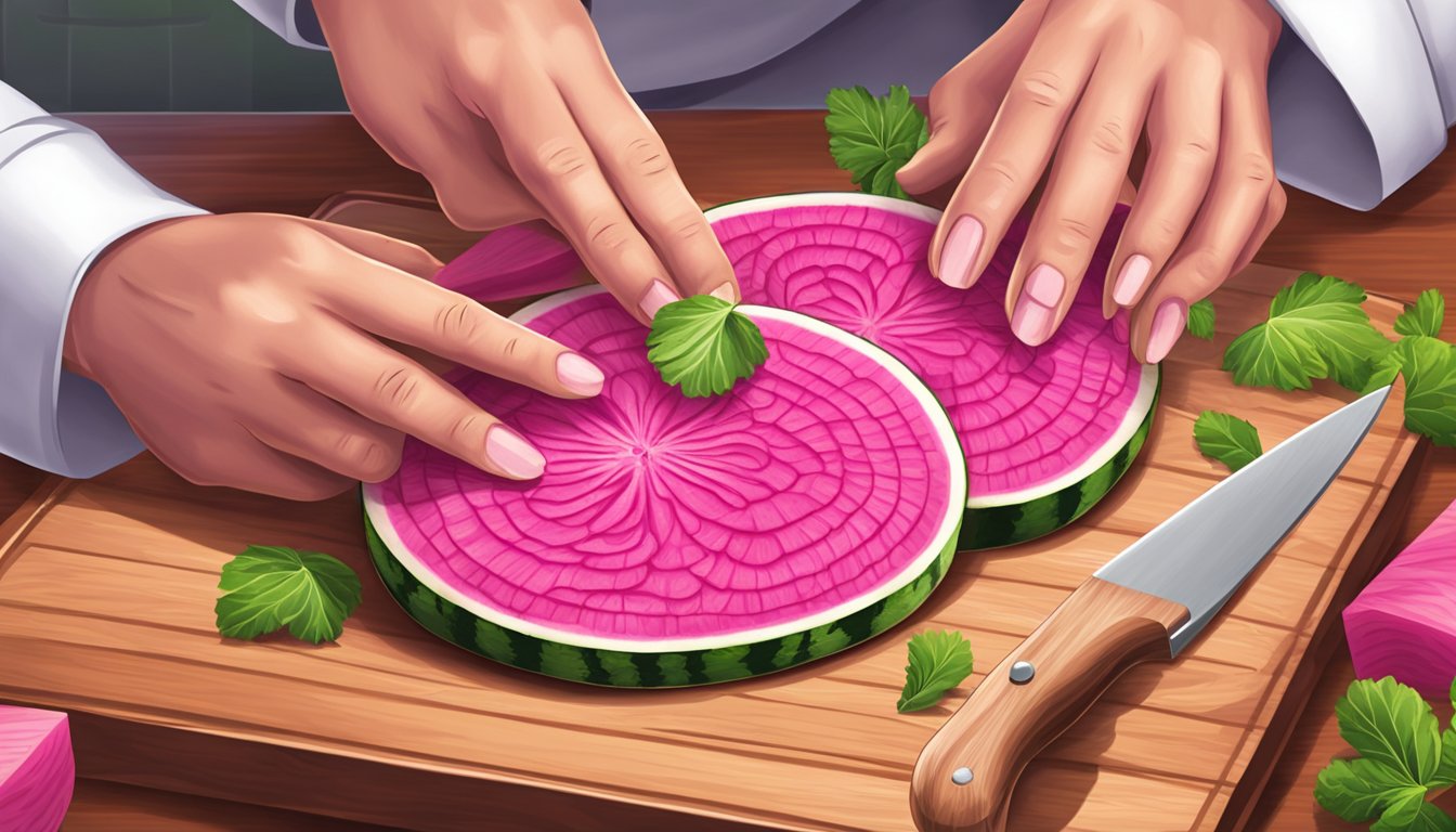 A chef slices a watermelon radish into thin rounds on a wooden cutting board, preparing it for cooking