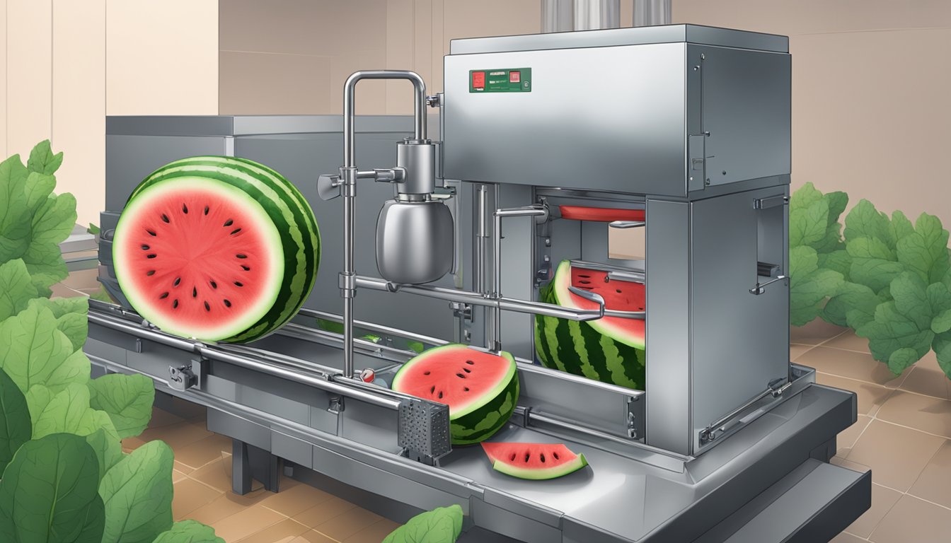 A watermelon being placed into a compression machine, with the handle being turned to apply pressure