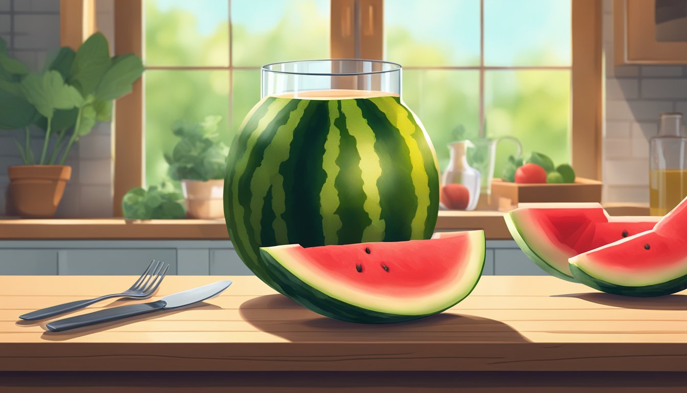 A freshly cut watermelon with a tall glass of juice sitting on a wooden table in a sunlit kitchen