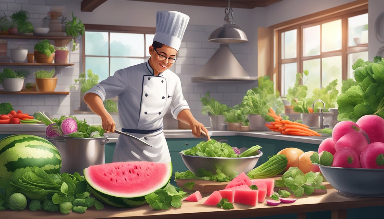 A chef slices and seasons watermelon radish in a well-lit kitchen, surrounded by fresh herbs and colorful vegetables