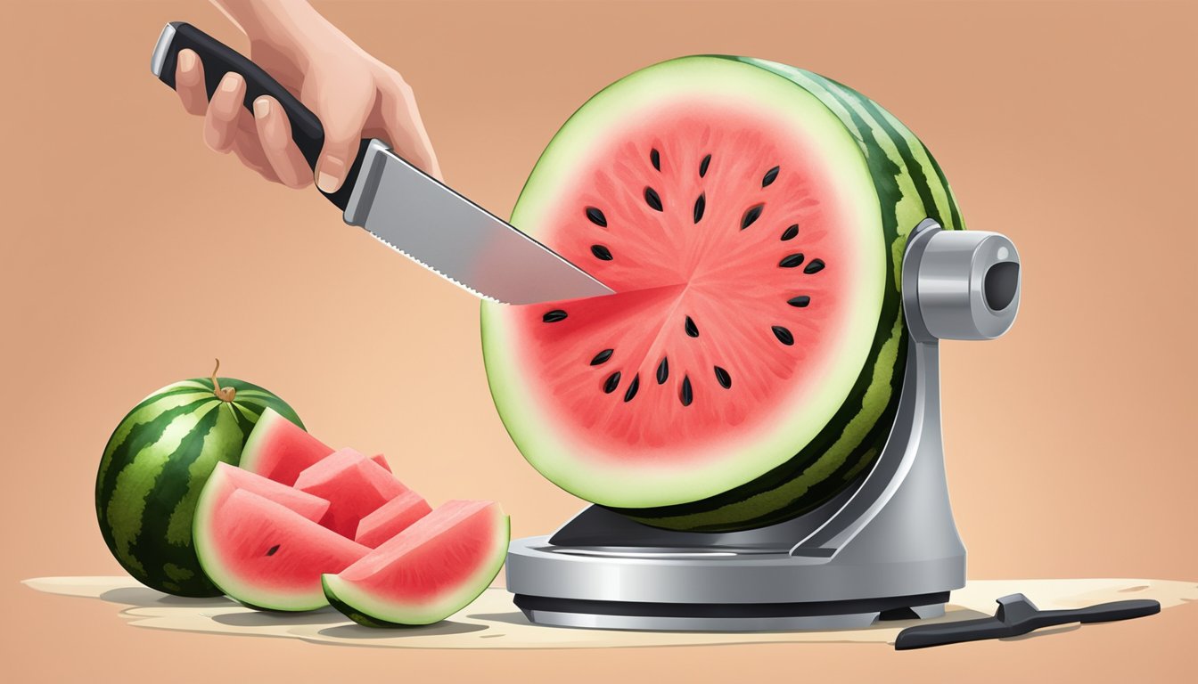 A watermelon being sliced and pressed with a kitchen tool to extract its juice