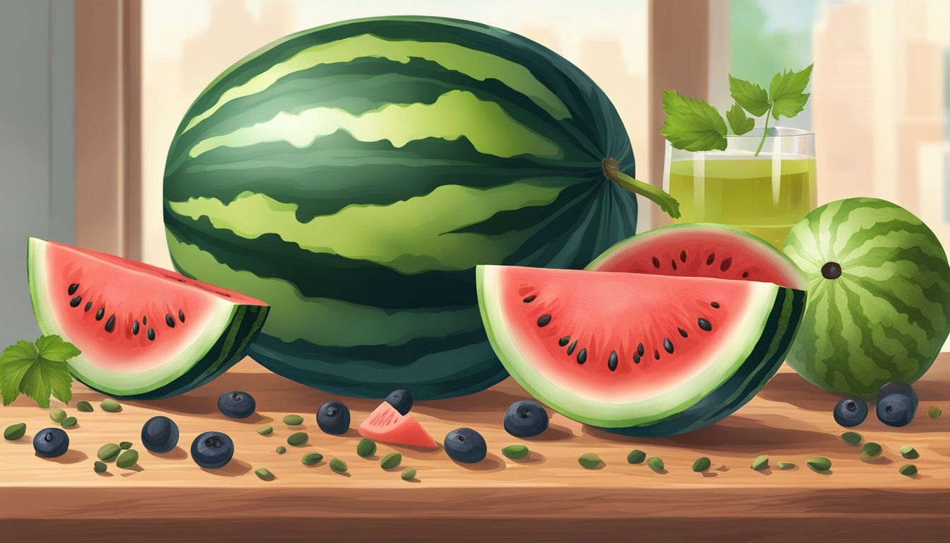 A freshly cut watermelon with vibrant red flesh and clear juice pooling on a cutting board, surrounded by a few seeds and a few pieces of overripe, mushy fruit