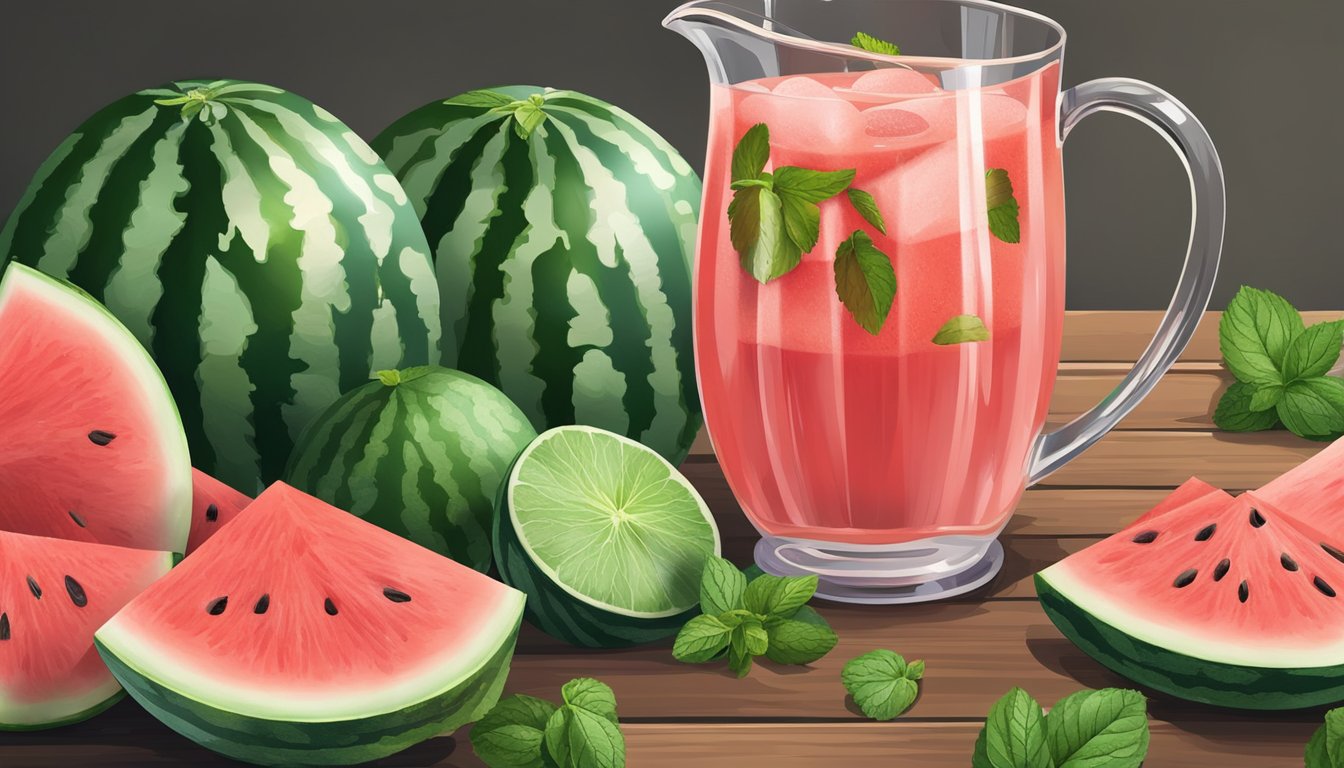 A pitcher of watermelon juice sits on a rustic wooden table, surrounded by slices of fresh watermelon and mint leaves. A glass with condensation sits next to the pitcher