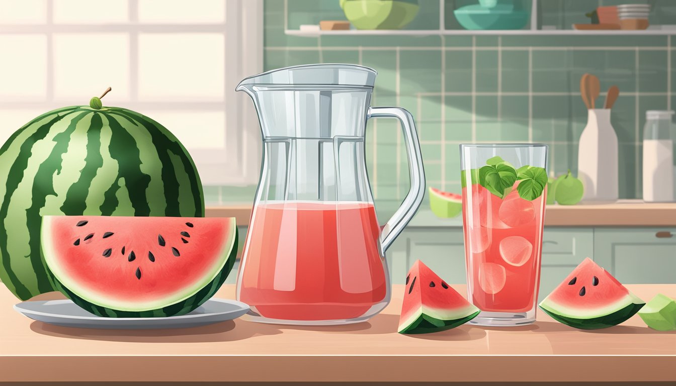 A glass of commercial watermelon juice sits next to a homemade pitcher on a kitchen counter. Both are surrounded by fresh watermelon slices and ice cubes