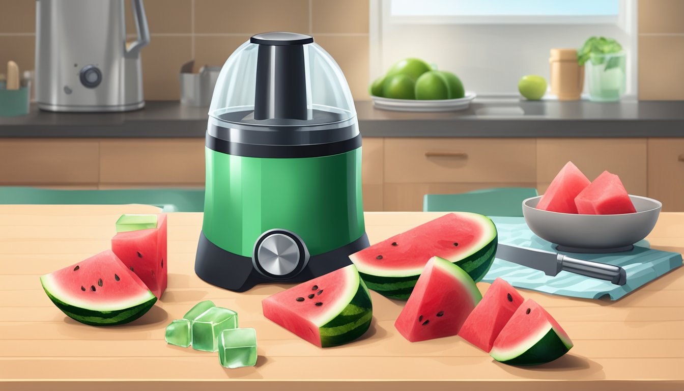 Fresh watermelon chunks and ice cubes sit next to a blender on a kitchen counter, with a cutting board and knife nearby