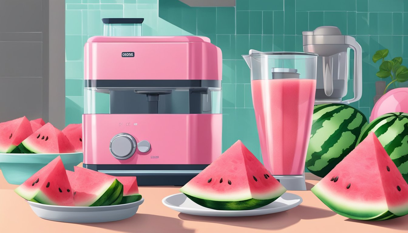 Fresh watermelons, ice cubes, and a blender on a kitchen counter. A hand pours a vibrant pink sorbet into a serving dish