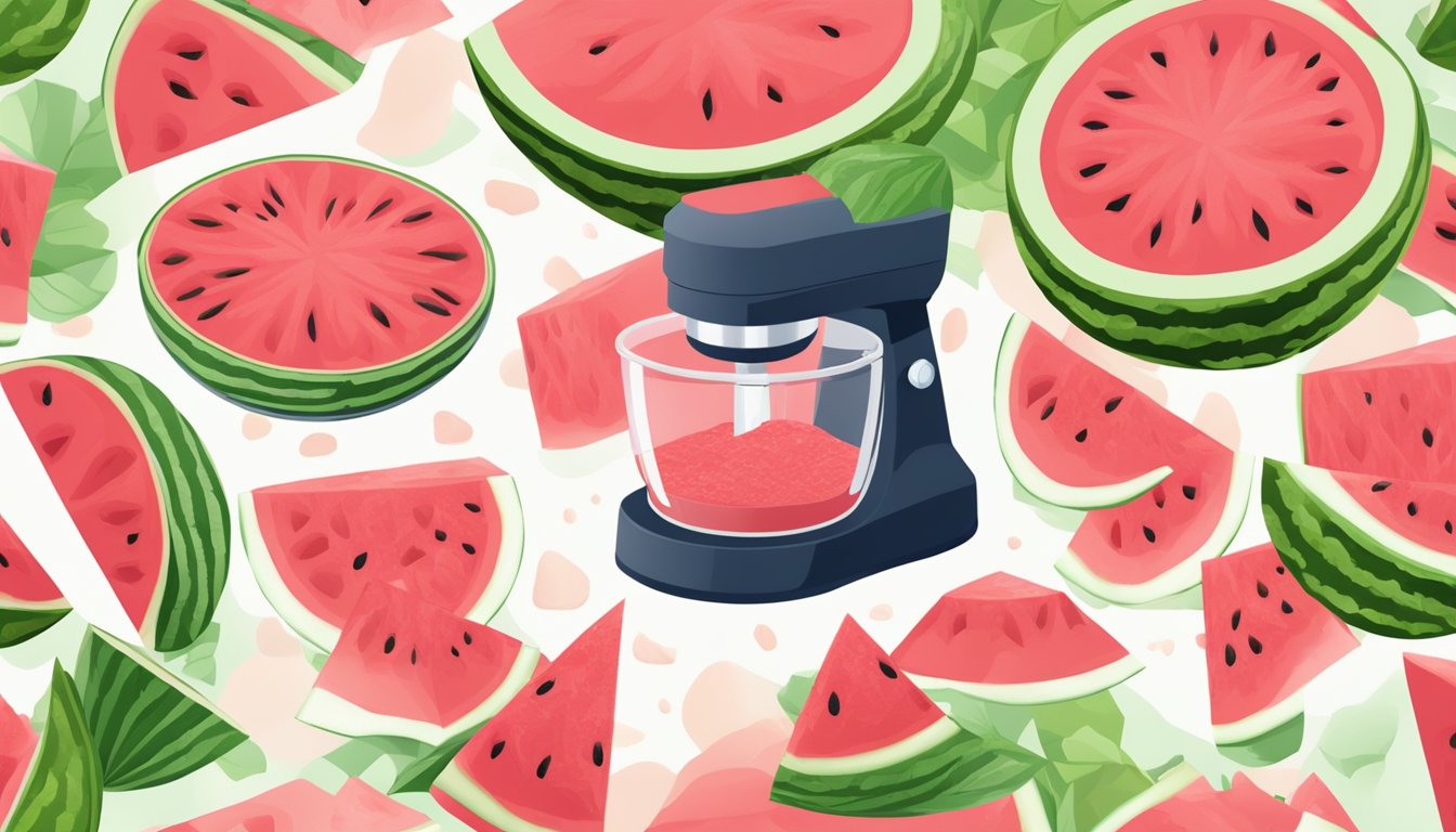 A ripe watermelon being cut into chunks and blended into a smooth puree in a food processor