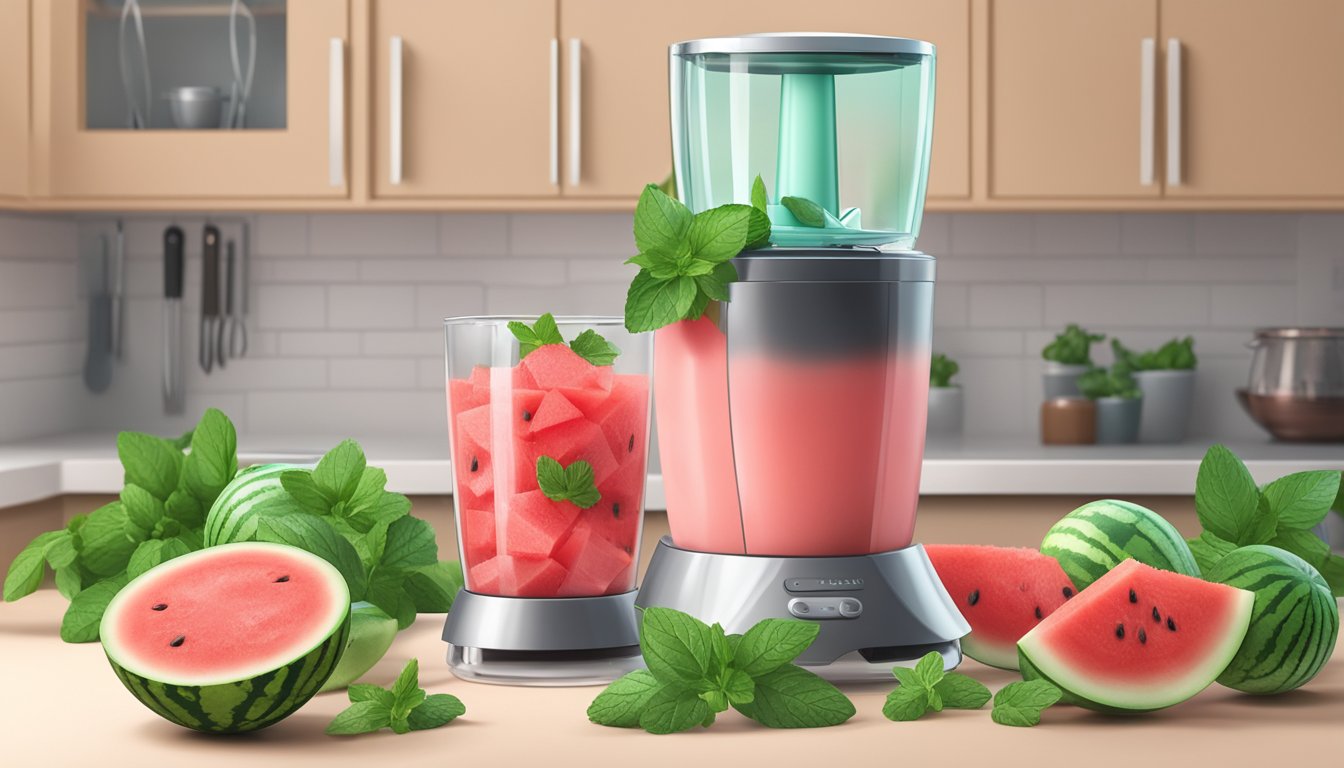 A blender filled with watermelon chunks, ice, and sugar, surrounded by fresh mint leaves and a sliced watermelon on a kitchen counter