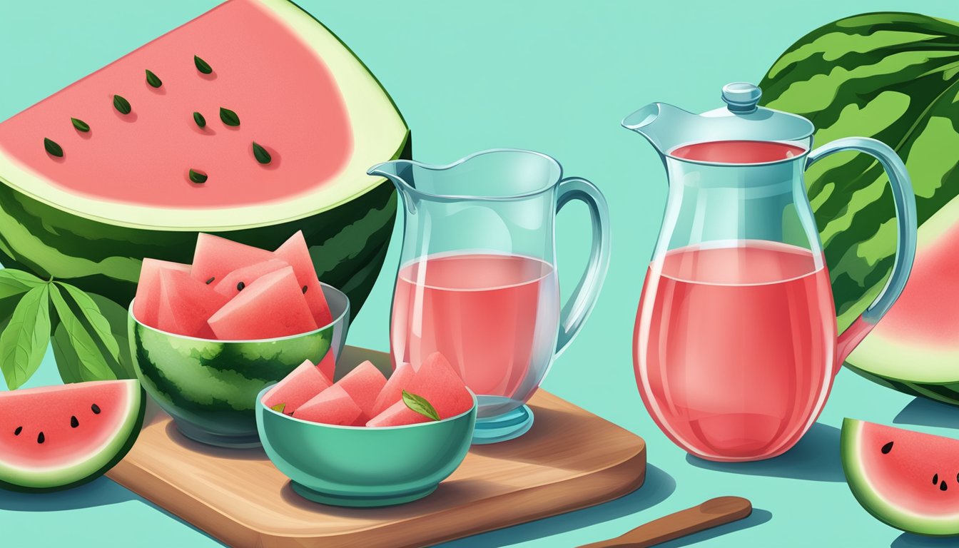 A cutting board with sliced watermelon, a pot of boiling water, and a pitcher with ice and mint leaves