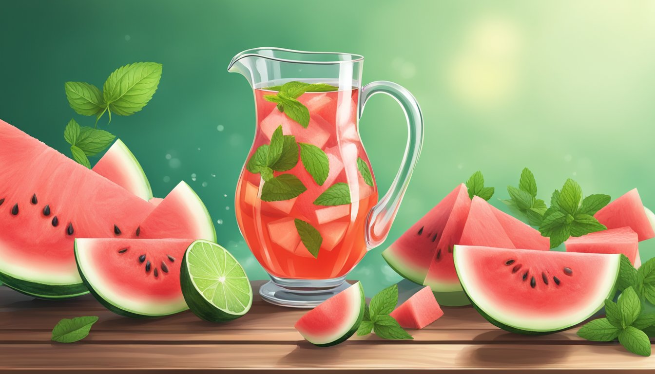 A pitcher of watermelon tea surrounded by fresh watermelon slices, mint leaves, and ice cubes on a wooden table