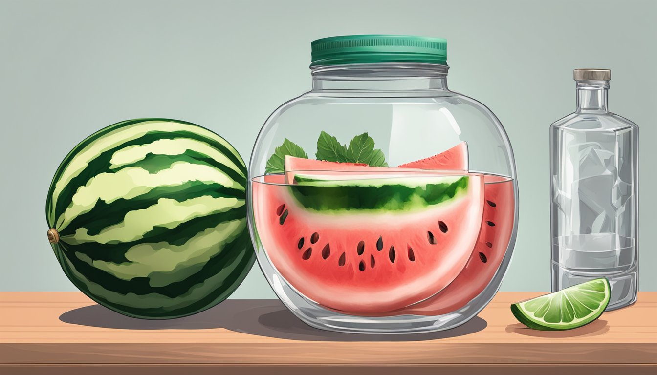 A watermelon being sliced and placed in a glass jar with vodka