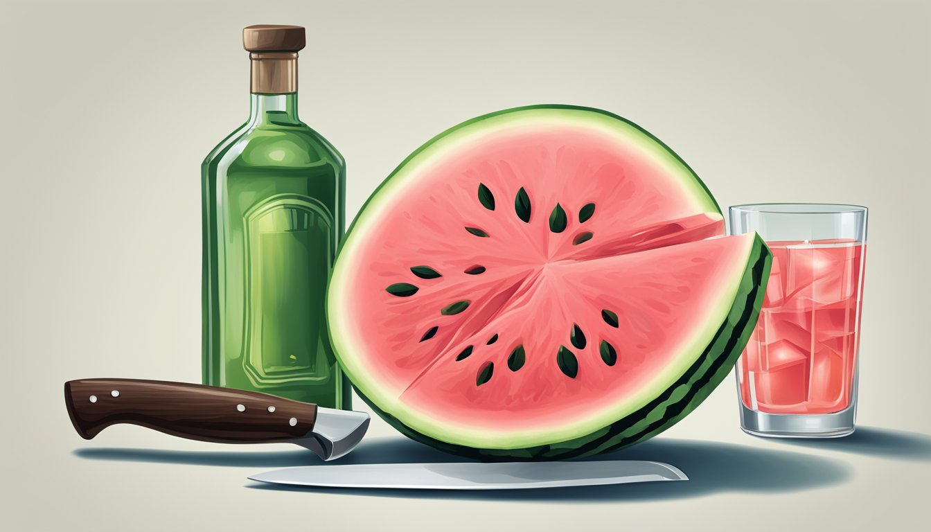 A watermelon being sliced open with a large knife, while a glass bottle of vodka sits nearby