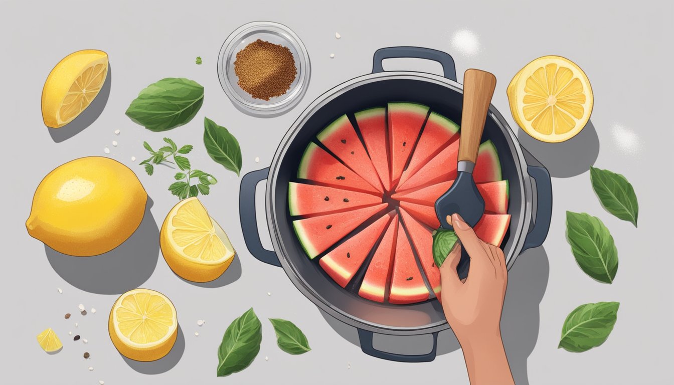 A person chopping watermelon rinds, simmering them in a pot with sugar, lemon, and spices, creating a sticky preserve mixture