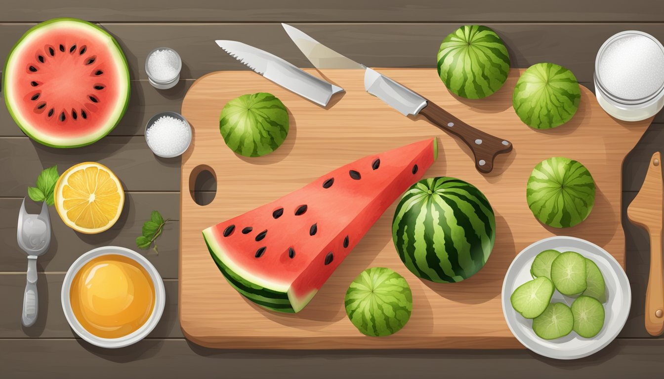 A cutting board with watermelon rinds, knife, sugar, and jars for making preserves