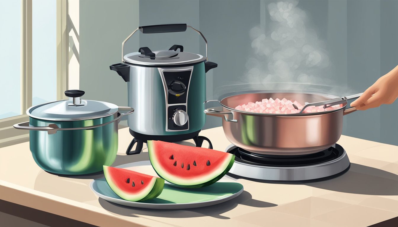 A watermelon being sliced into cubes, with a bowl of sugar and a pot on a stove