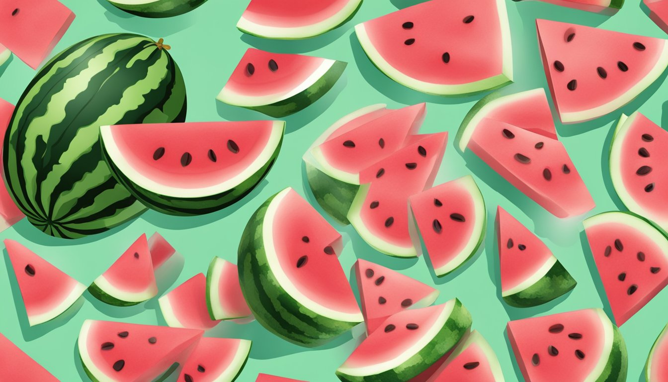 A watermelon being cut and scooped out, gelatin being mixed in, then poured into molds to set