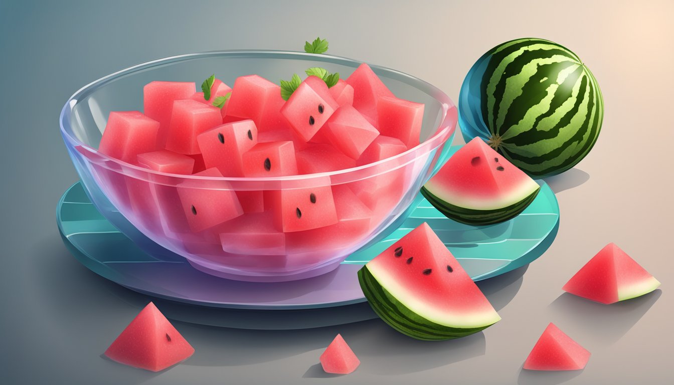 A bowl of diced watermelon mixed with gelatin, set in a mold