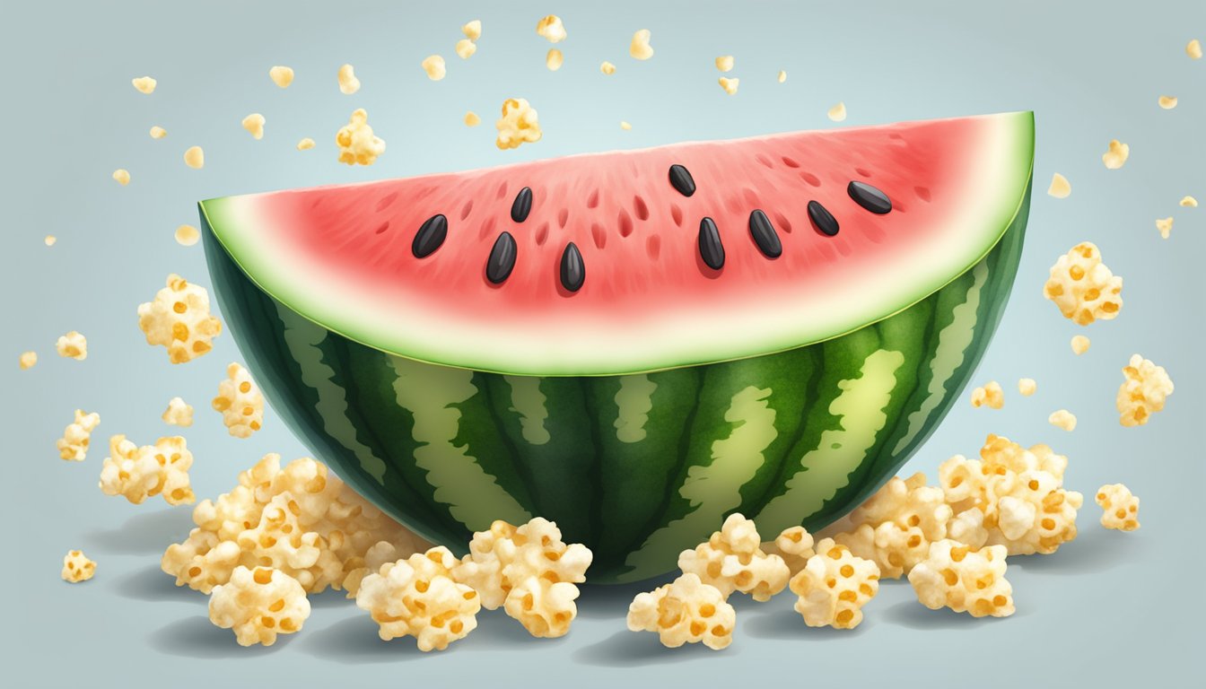 A ripe watermelon sliced open with popcorn kernels spilling out