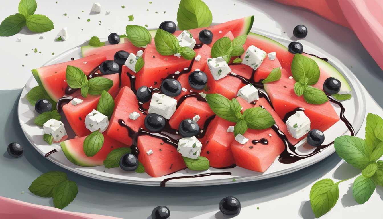 A colorful watermelon salad with fresh mint, feta cheese, and a drizzle of balsamic glaze on a white serving platter