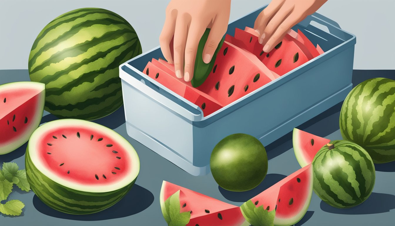 A hand reaching for a ripe watermelon, a knife slicing it open, and the fruit being scooped out into a container