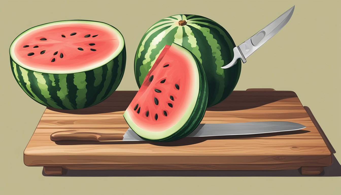 A whole watermelon sitting on a wooden cutting board with a knife next to it, ready to be sliced and juiced