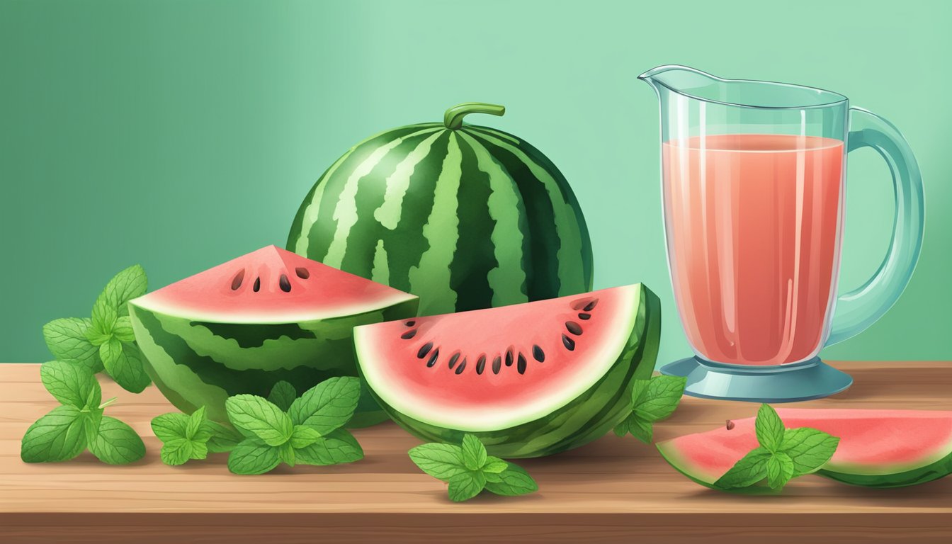 A ripe watermelon sits on a wooden cutting board, surrounded by fresh mint leaves and a juicer. Juice drips into a glass pitcher