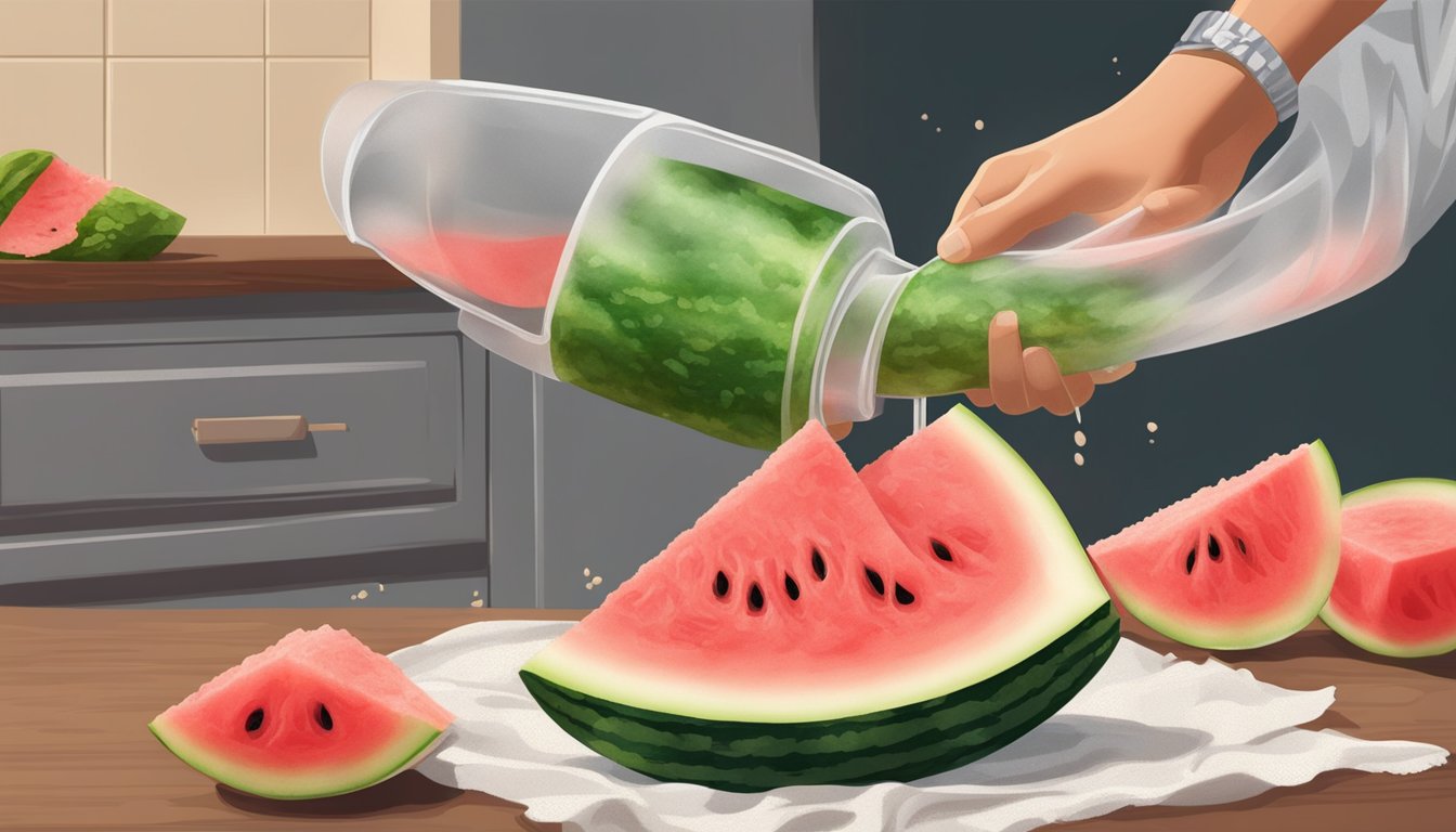 A hand squeezing watermelon pulp through a cheesecloth to extract juice