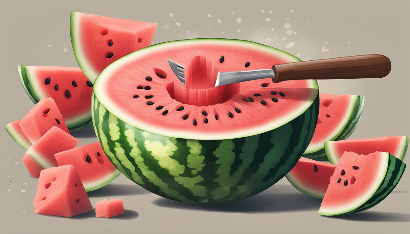 A watermelon being cut into chunks and then mashed with a mortar and pestle