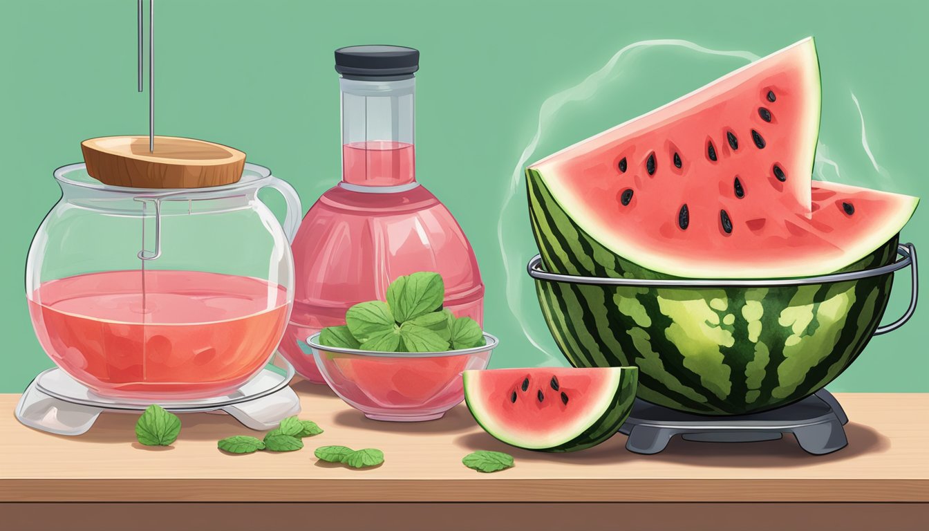 A watermelon being sliced and dipped into a pot of boiling sugar syrup, then laid out to dry on a wire rack